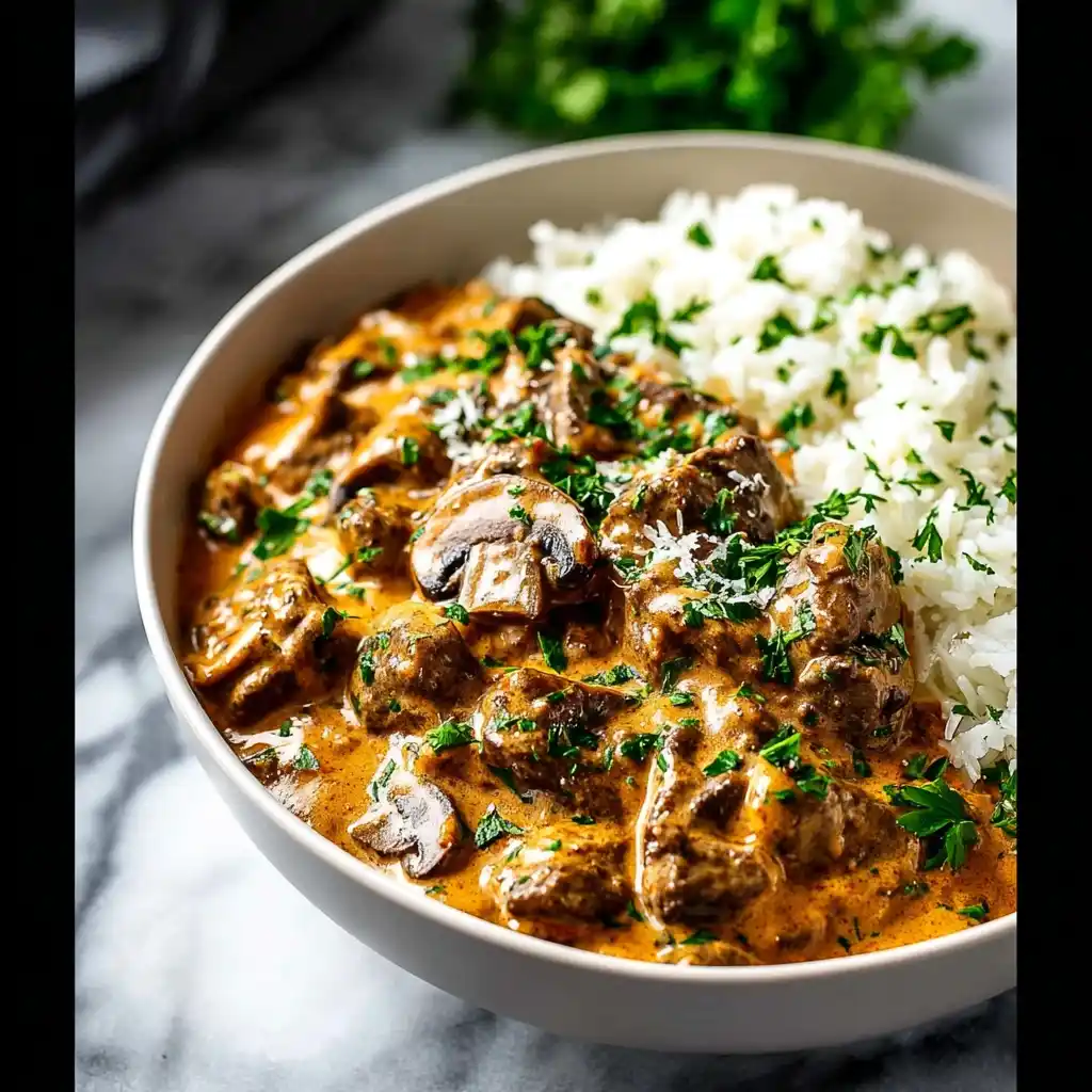 One Pot Beef Stroganoff Recipe served in a bowl with white rice, mushrooms, and parsley garnish.