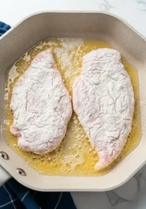 Chicken breasts dredged in flour searing in a skillet with butter.