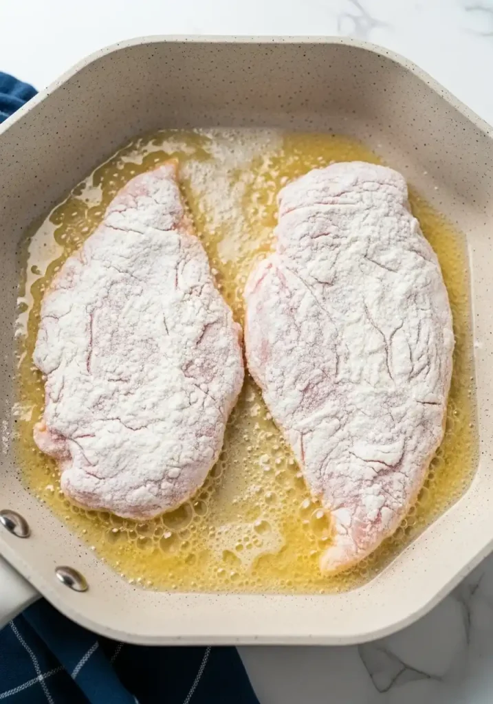 first step of making Crock Pot Chicken Piccata: Chicken breasts dredged in flour searing in a skillet with butter.
