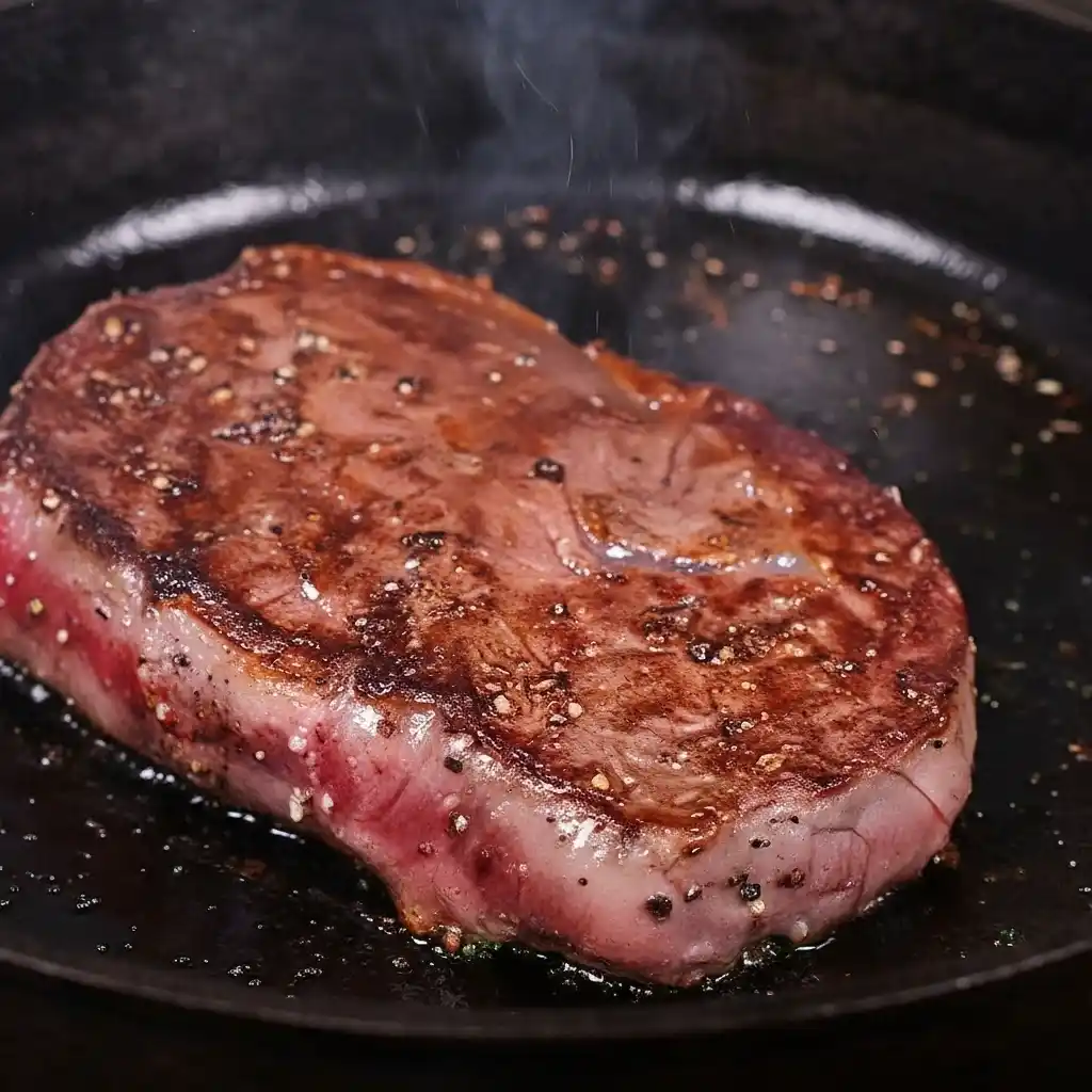 Wagyu steak searing in a black cast iron skillet, seasoned with coarse black pepper and salt, with juices sizzling.