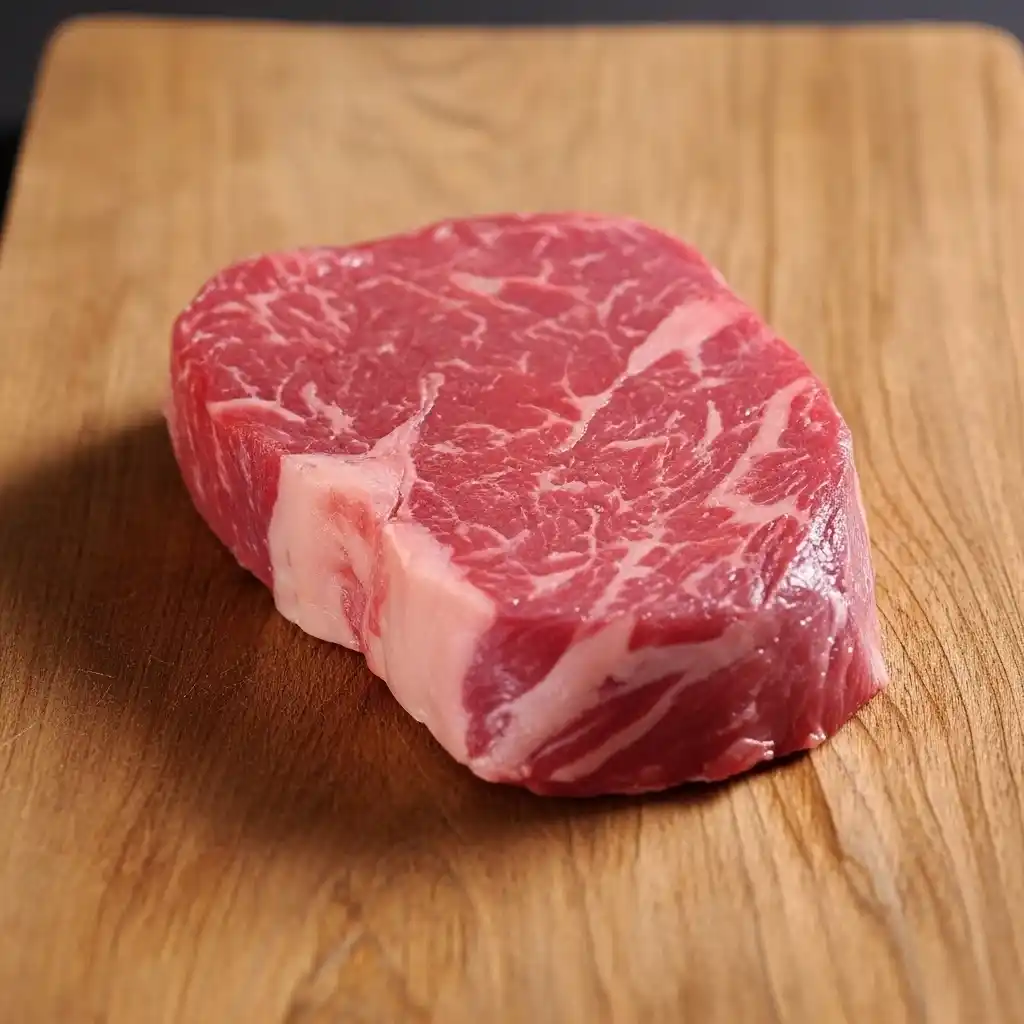 Raw wagyu ribeye steak on a wooden board, showcasing marbling of fat through the red meat.