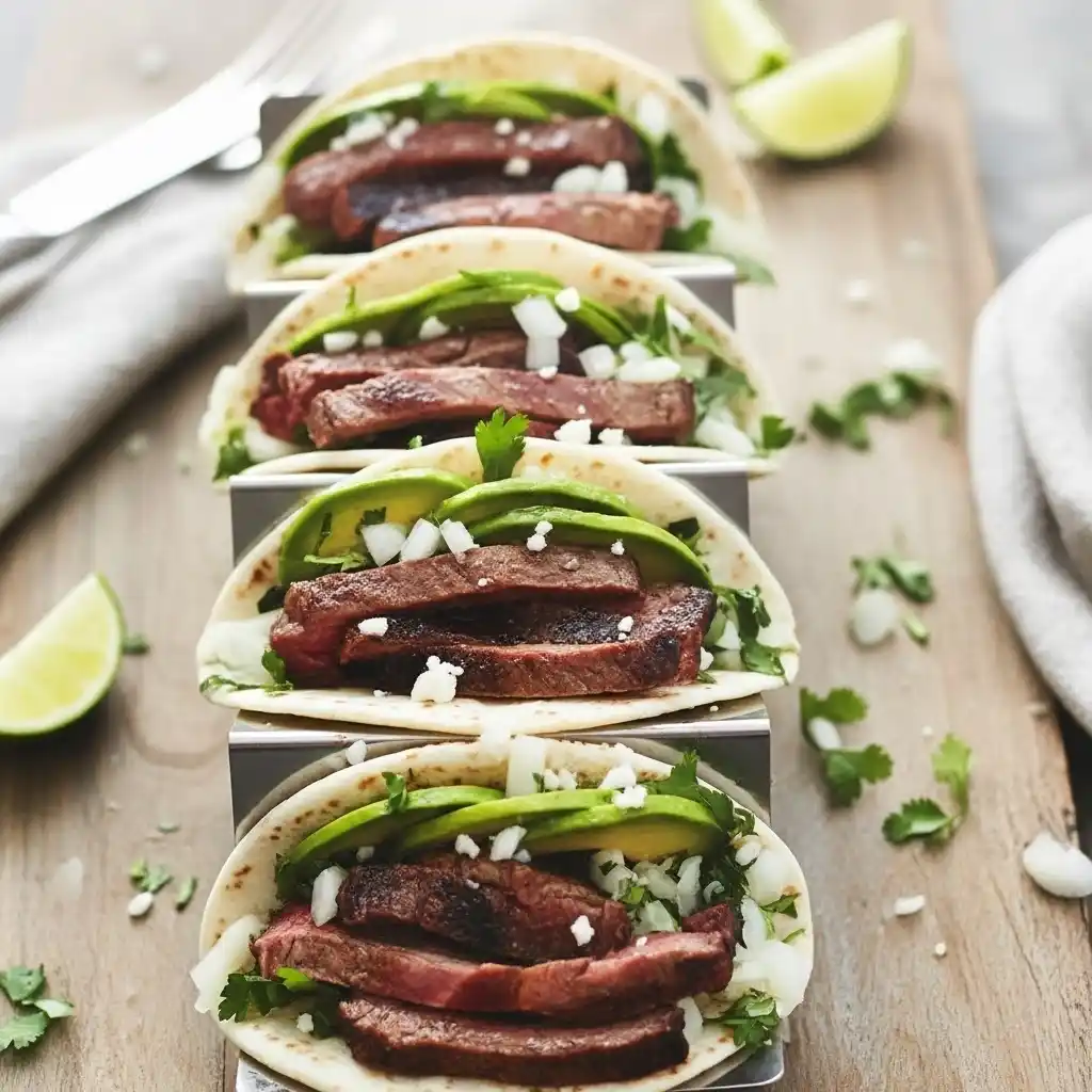 Overhead view of wagyu steak tacos in a holder, garnished with avocado, cilantro, onion, and cheese crumbles.