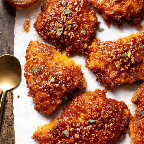 crispy hot honey chicken thighs coated with sticky honey glaze