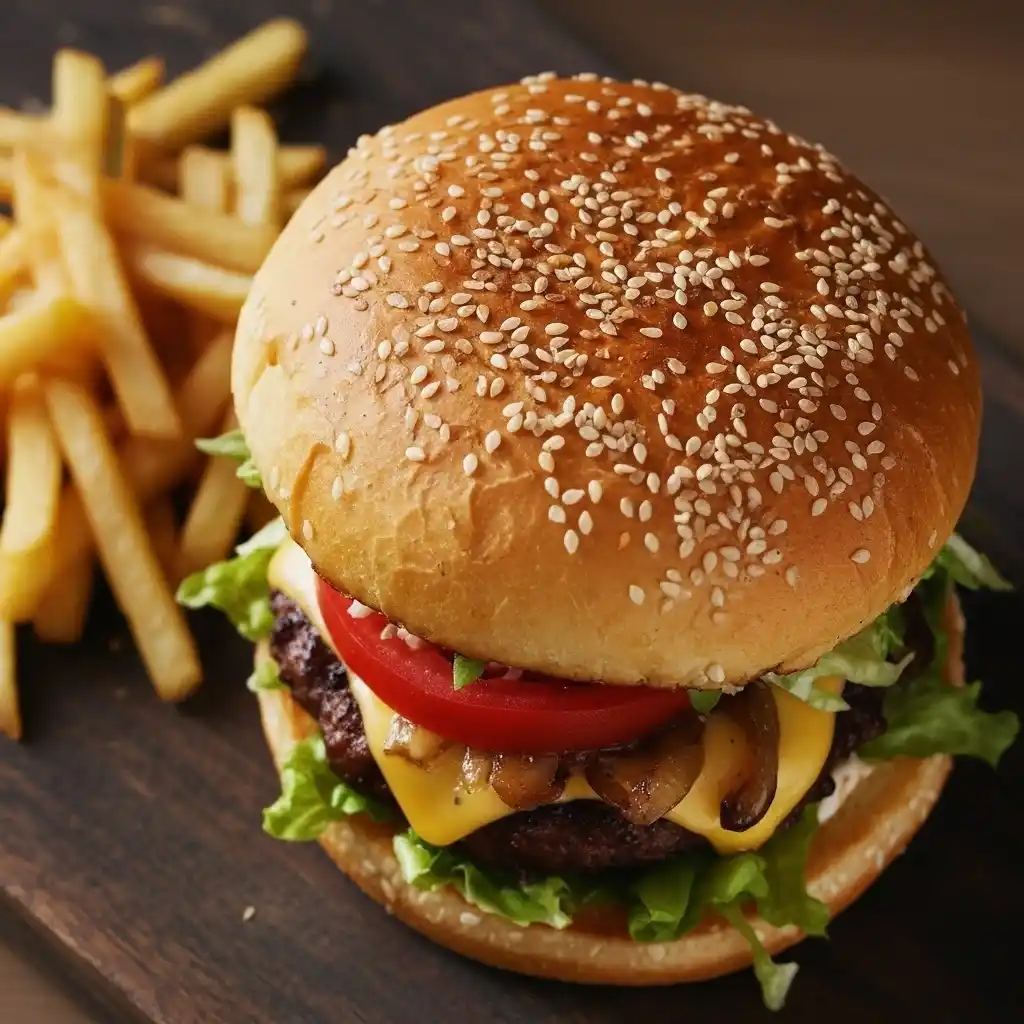 Juicy Kobe beef burger topped with tomato, lettuce, onions, and melted cheese in a toasted sesame bun, fries on the side.