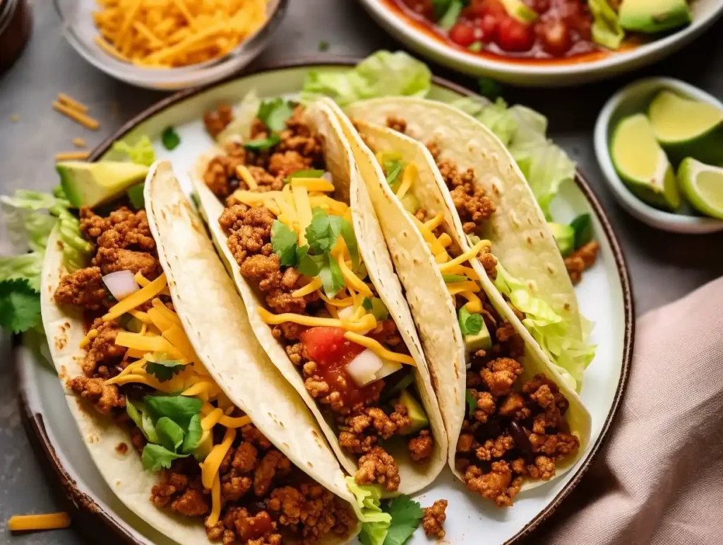 Ground chicken tacos in flour tortillas topped with cheese, lettuce, salsa, and cilantro on a plate with lime wedges