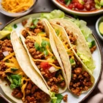 Easy Ground chicken tacos recipe : Ground chicken tacos in flour tortillas topped with cheese, lettuce, salsa, and cilantro on a plate with lime wedges