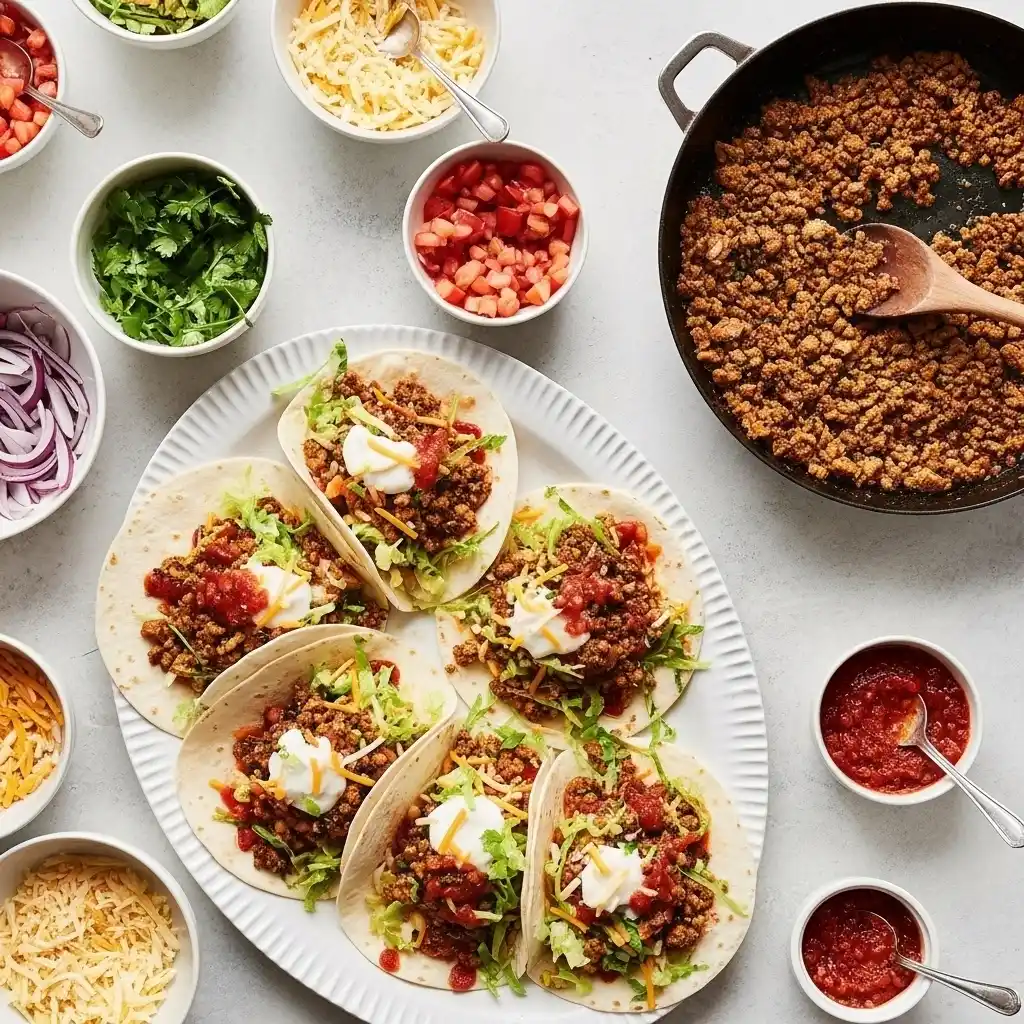Taco night setup with tortillas, bowls of toppings, salsa, and a skillet of ground chicken taco meat