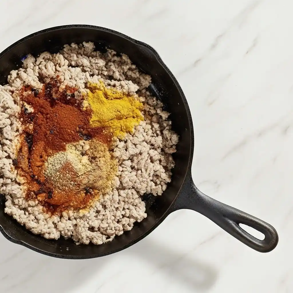 Ground chicken cooking in a skillet with colorful taco seasoning spices sprinkled on top