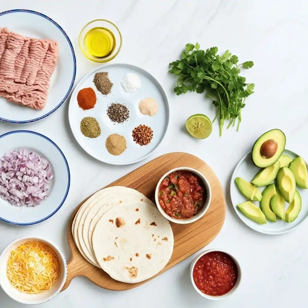 Ground chicken tacos ingredients including tortillas, avocado, salsa, shredded cheese, onions, lime, cilantro, spices, and olive oil on a white background