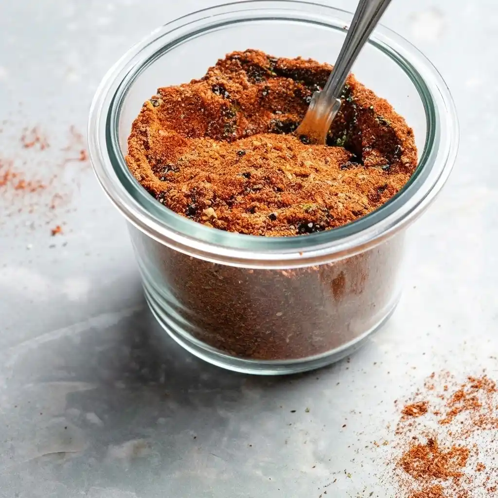 Homemade taco seasoning blend for ground chicken tacos in a glass jar with a spoon
