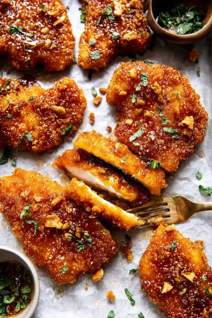 crispy hot honey chicken recipe drizzled with spicy honey glaze