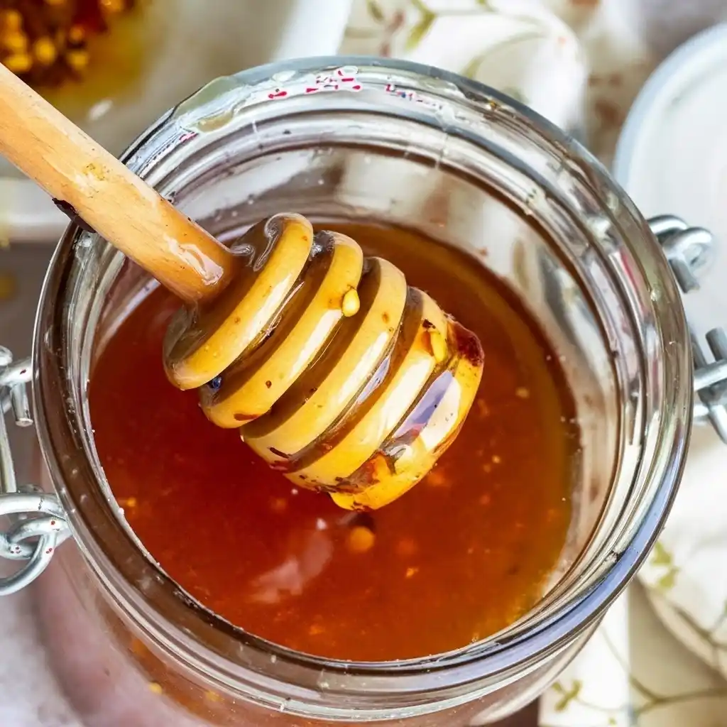 homemade hot honey sauce in a jar with honey dipper