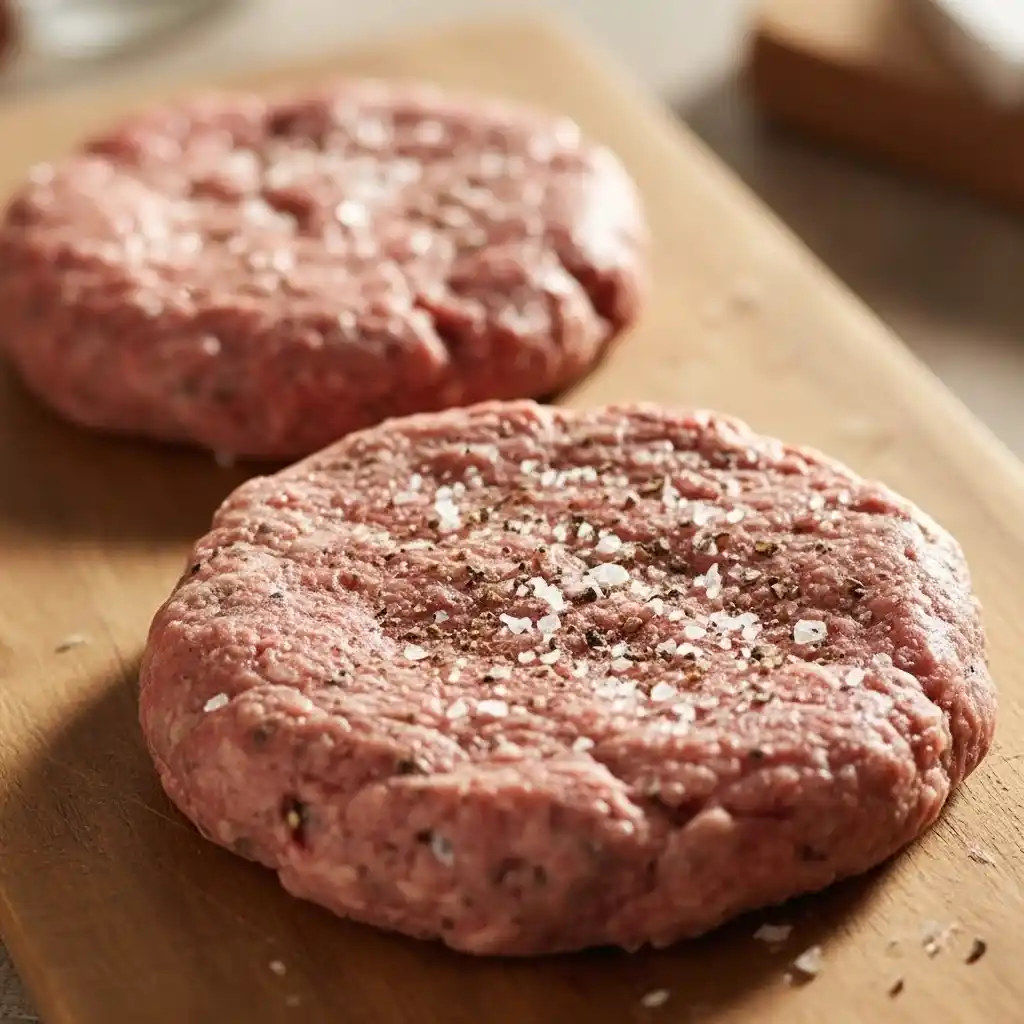 Raw Kobe beef burger patties seasoned with kosher salt and pepper, resting on a wooden board before cooking.