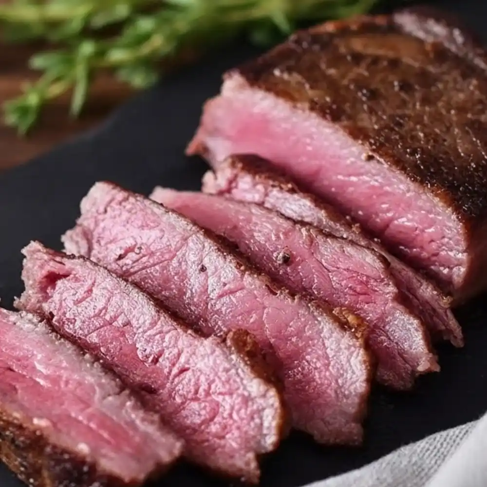 Kobe beef recipes: sliced medium-rare Kobe beef steak with a seared crust, tender marbling, and a juicy pink center on a dark cutting board.