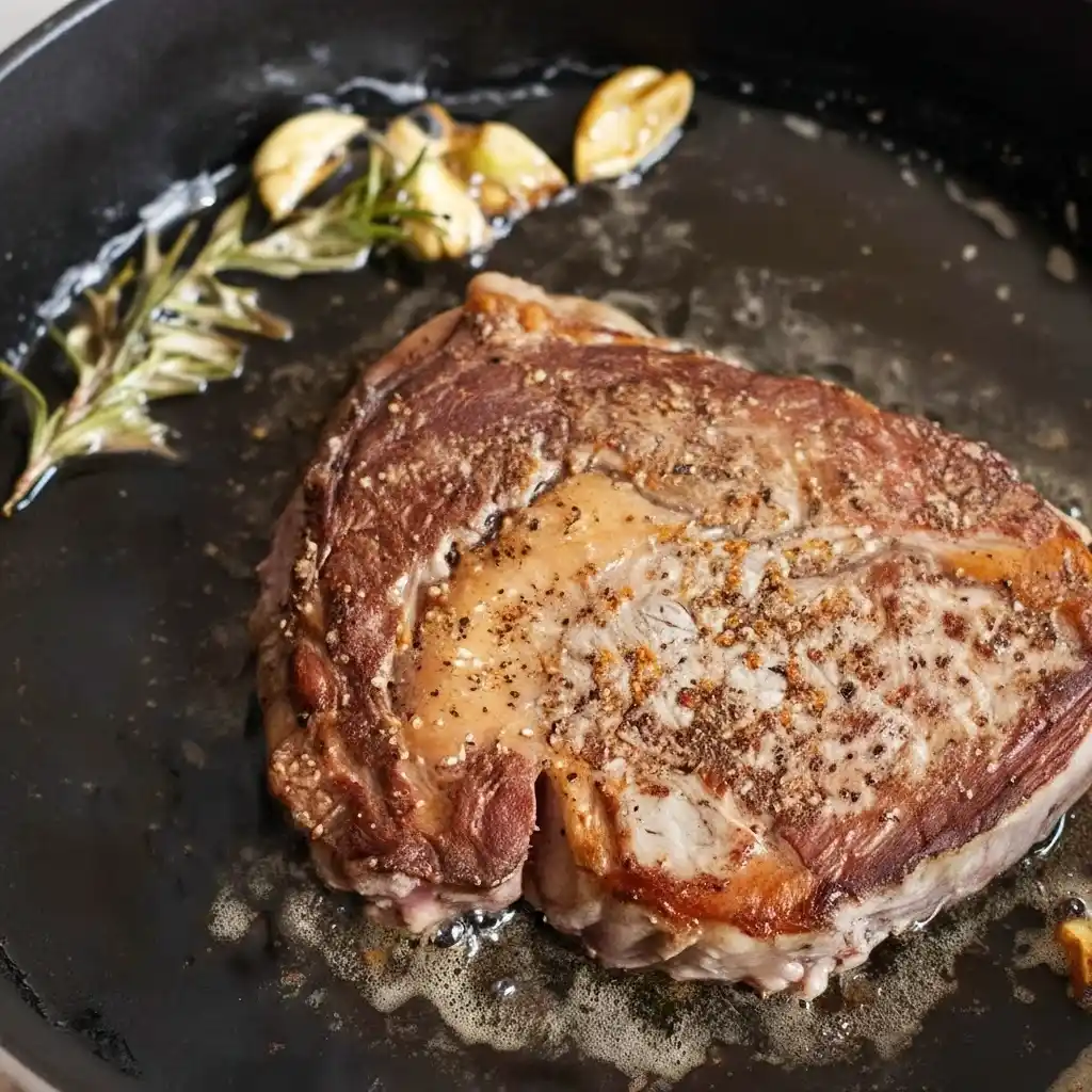 Kobe steak searing in cast iron skillet with garlic and rosemary – Kobe steak pan seared