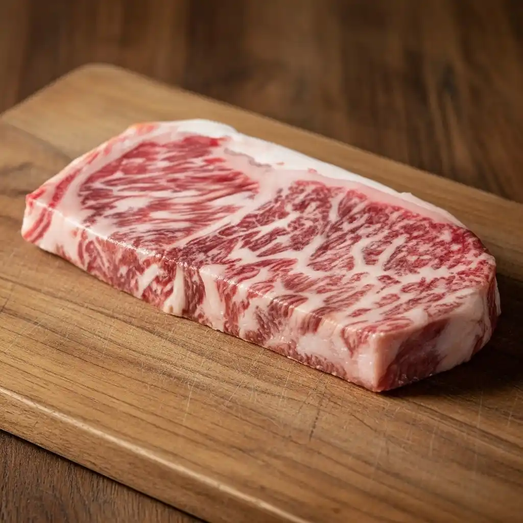 Raw marbled Kobe beef steak on wooden cutting board – Wagyu vs Kobe beef cut