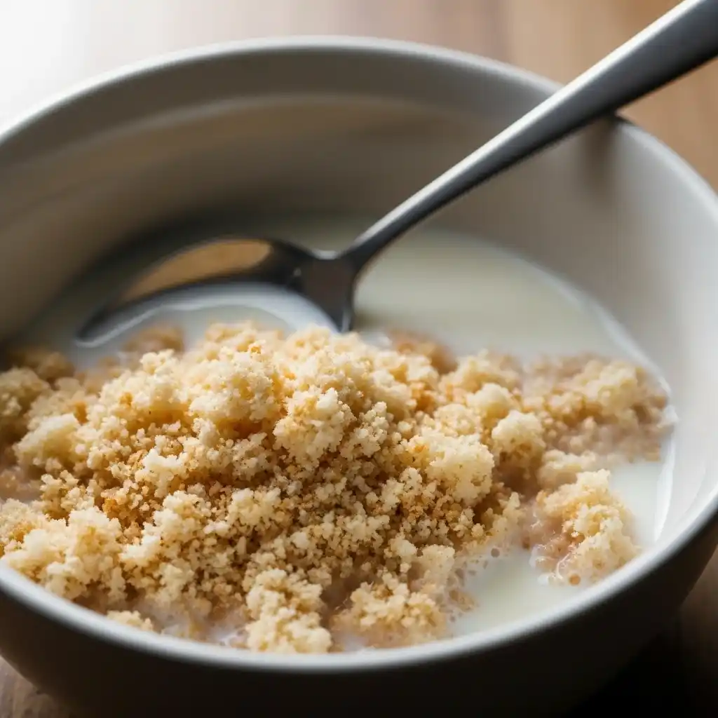 Bowl of breadcrumbs with milk mixture for kobe Beef meatballs preparation