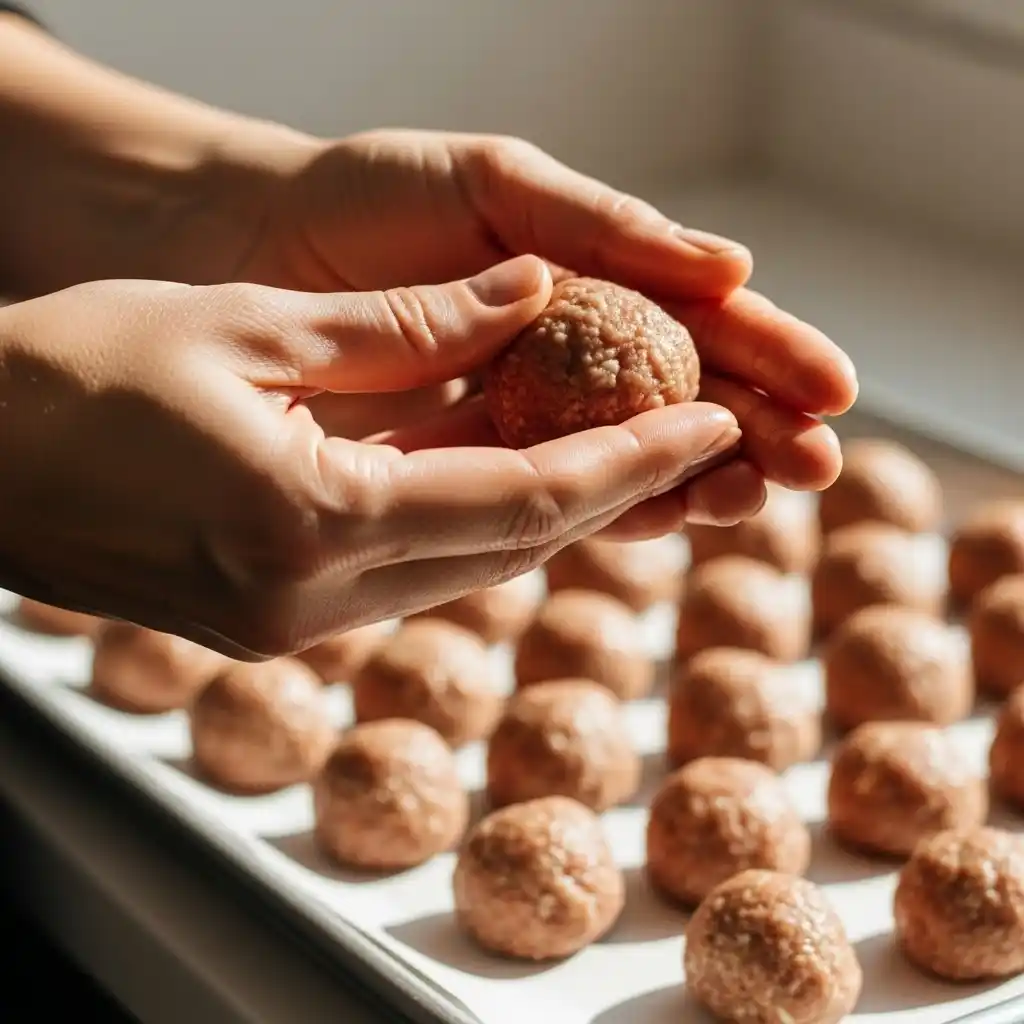 Hands shaping raw Kobe beef meatballs on a tray