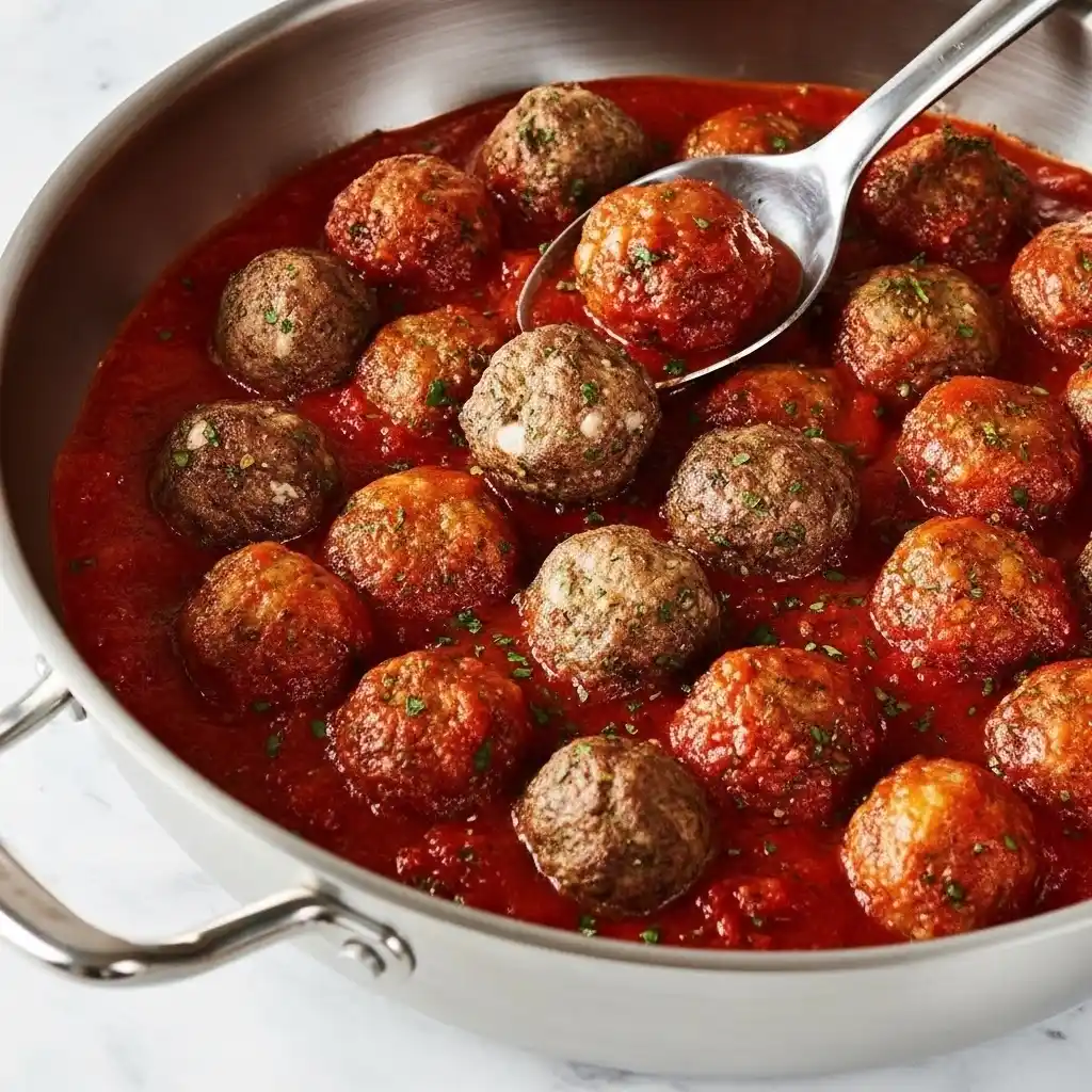 Large pan filled with Kobe beef meatballs in tomato sauce