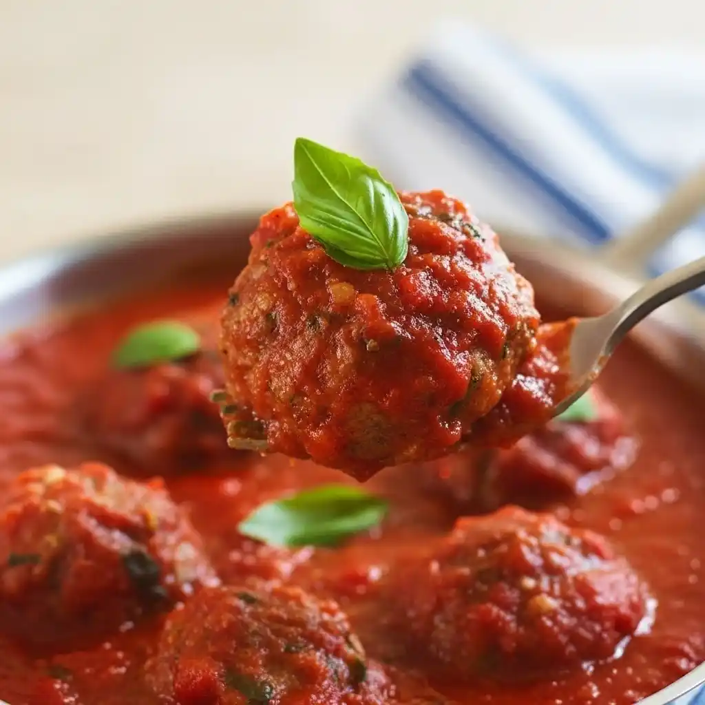 Kobe beef meatball in tomato sauce topped with fresh basil on a fork