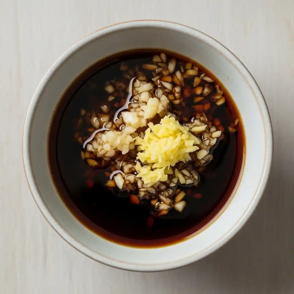 Whisked soy sauce, garlic, and ginger sauce for Korean beef bowl recipe, close-up overhead view