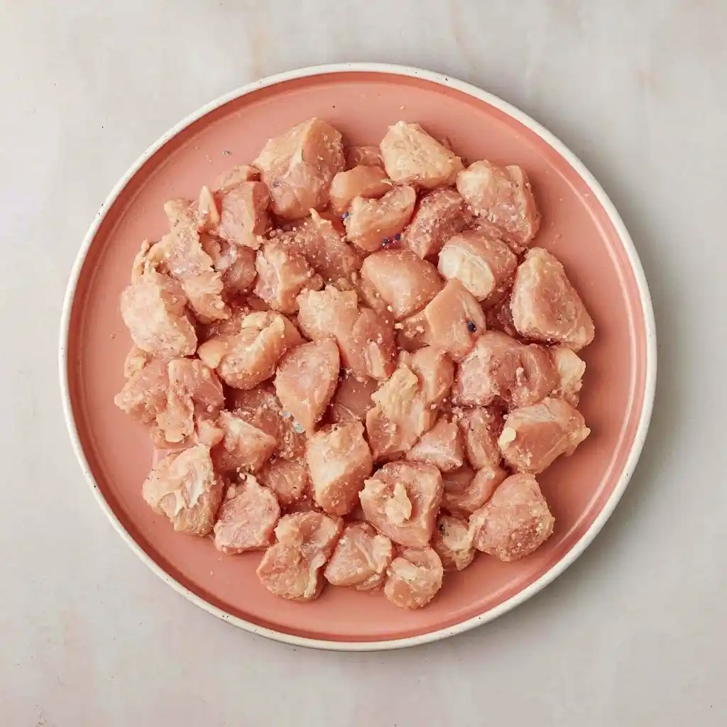 Raw chicken breast pieces on a pink plate seasoned with salt and pepper