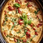 Marry Me Chicken Crock Pot: Slow cooker Marry Me Chicken in creamy garlic parmesan sauce with basil and sun dried tomatoes