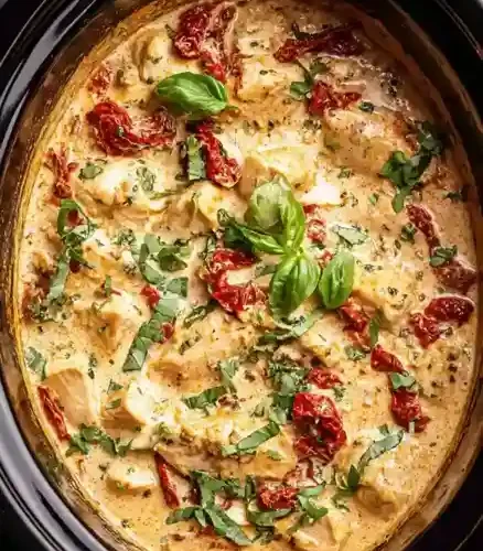 Marry Me Chicken Crock Pot: Slow cooker Marry Me Chicken in creamy garlic parmesan sauce with basil and sun dried tomatoes
