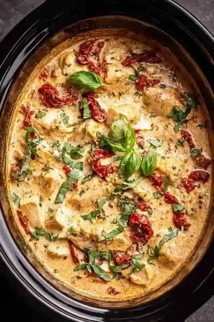 Slow cooker Marry Me Chicken in creamy garlic parmesan sauce with basil and sun dried tomatoes
