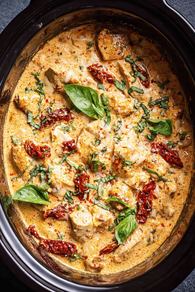 Slow-cooked marry me chicken in a creamy parmesan sun-dried tomato sauce with fresh basil in a crock pot.
