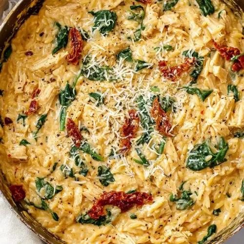 Creamy Marry Me Chicken Orzo with sun-dried tomatoes, spinach, and parmesan in a skillet