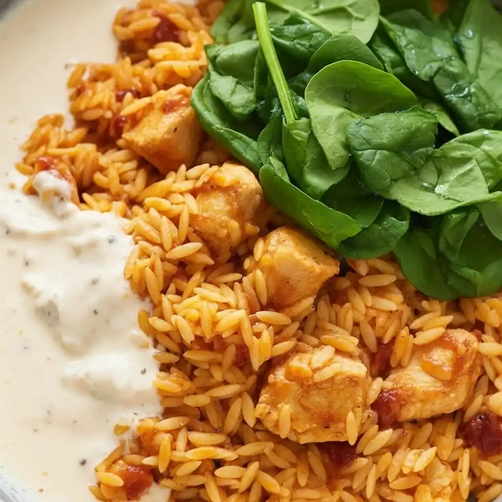 Close-up of Marry Me Chicken Orzo with tender chicken, fresh spinach, and creamy sauce