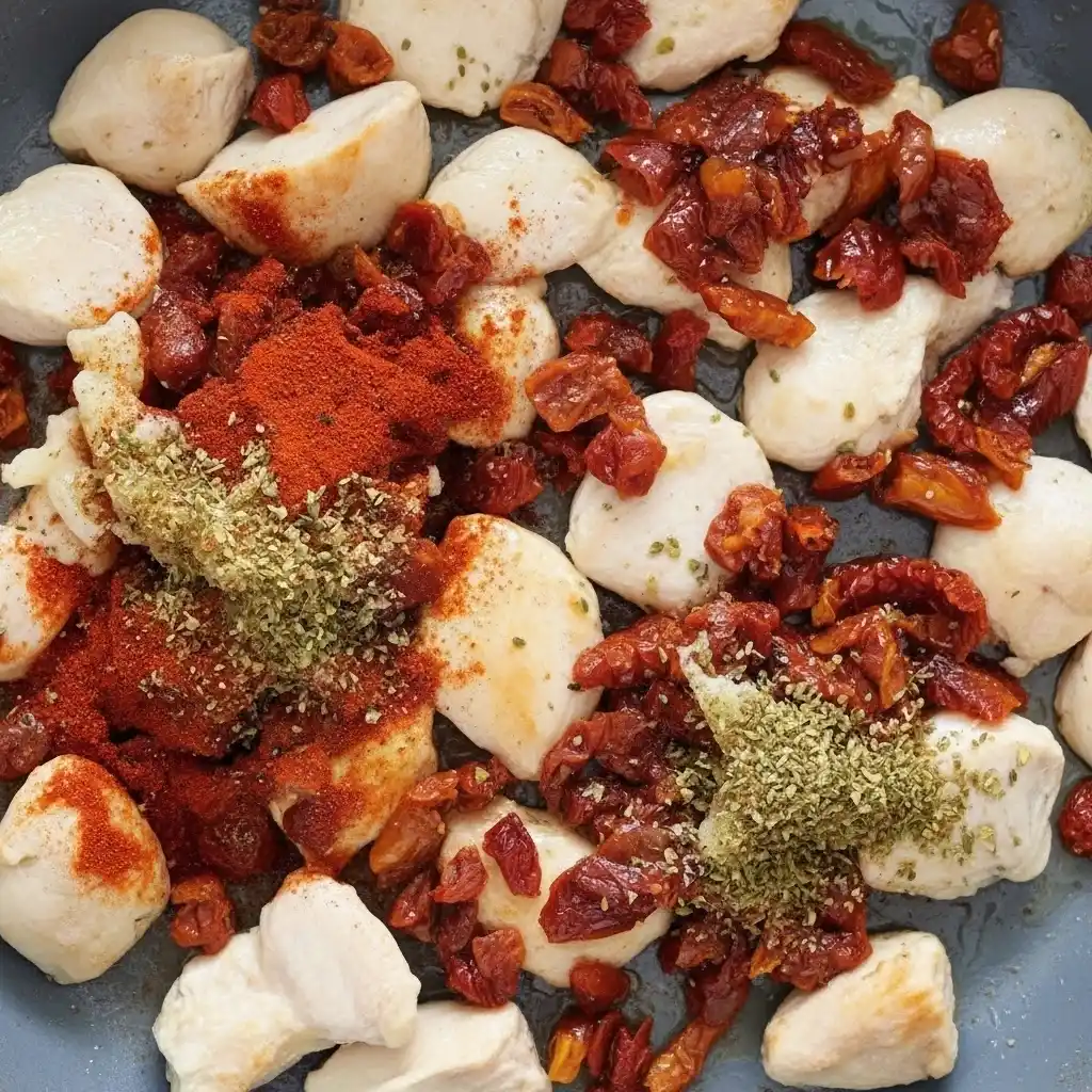 Chicken pieces with paprika, oregano, and sun-dried tomatoes in a skillet for Marry Me Chicken Orzo