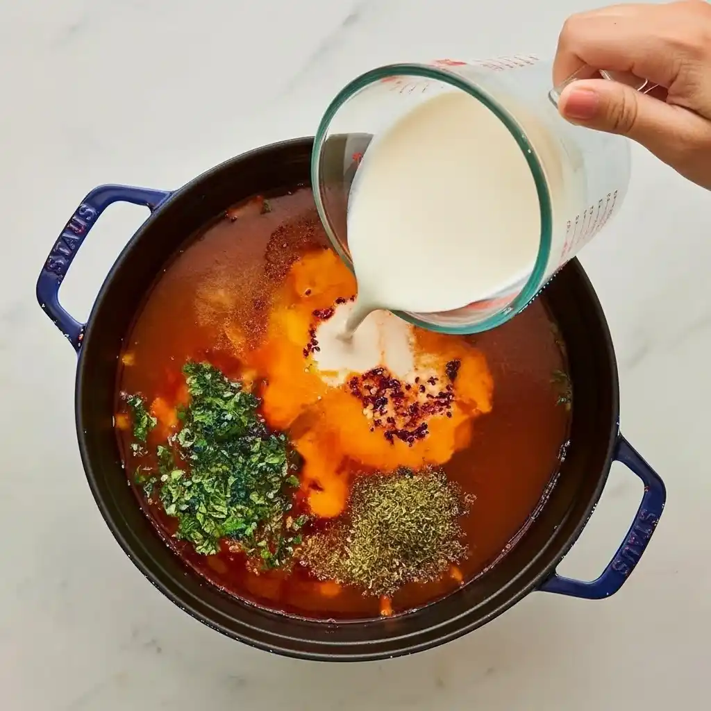 Pouring cream into a pot of Marry Me Chicken Soup with broth, herbs, and seasonings before simmering.