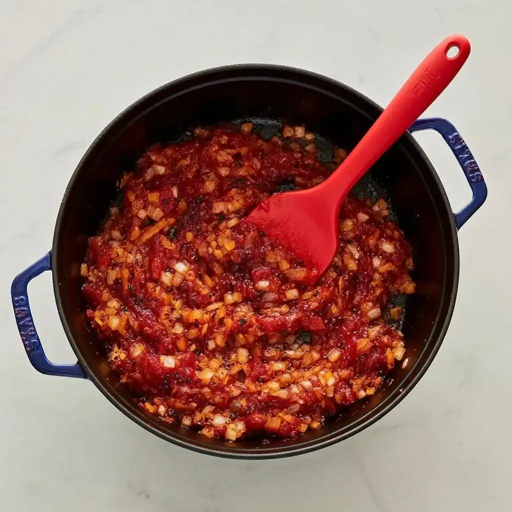 Tomato paste and onions cooking together in a Dutch oven as the base for Marry Me Chicken Soup.