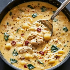 Bowl of creamy Marry Me Chicken Soup with pasta shells, chicken, sun-dried tomatoes, spinach, and red pepper flakes.