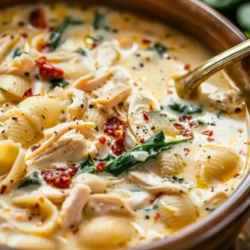 Close-up of Marry Me Chicken Soup in a rustic bowl, showing pasta shells, shredded chicken, spinach, and sun-dried tomatoes in creamy broth.