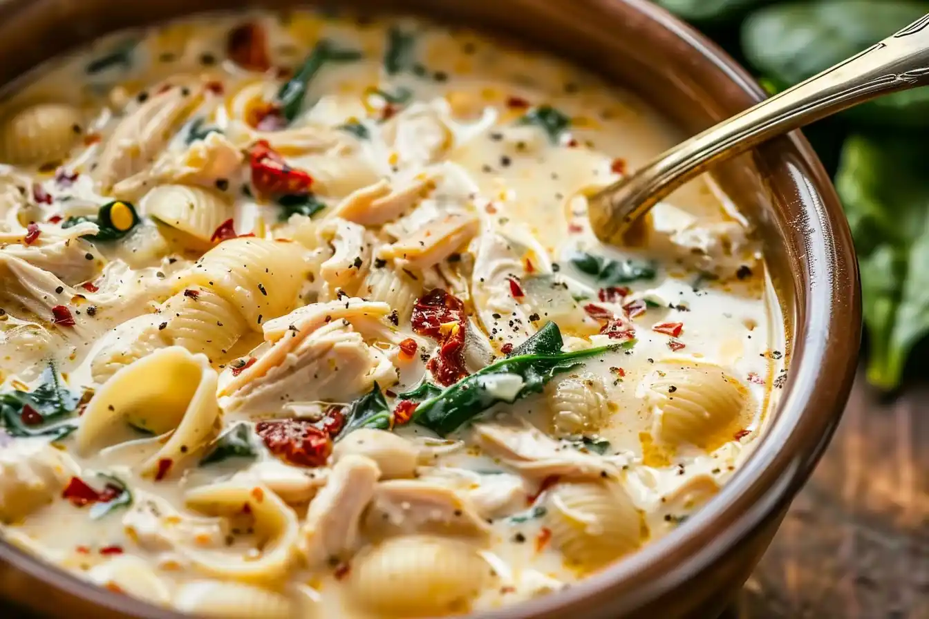 Close-up of Marry Me Chicken Soup in a rustic bowl, showing pasta shells, shredded chicken, spinach, and sun-dried tomatoes in creamy broth.