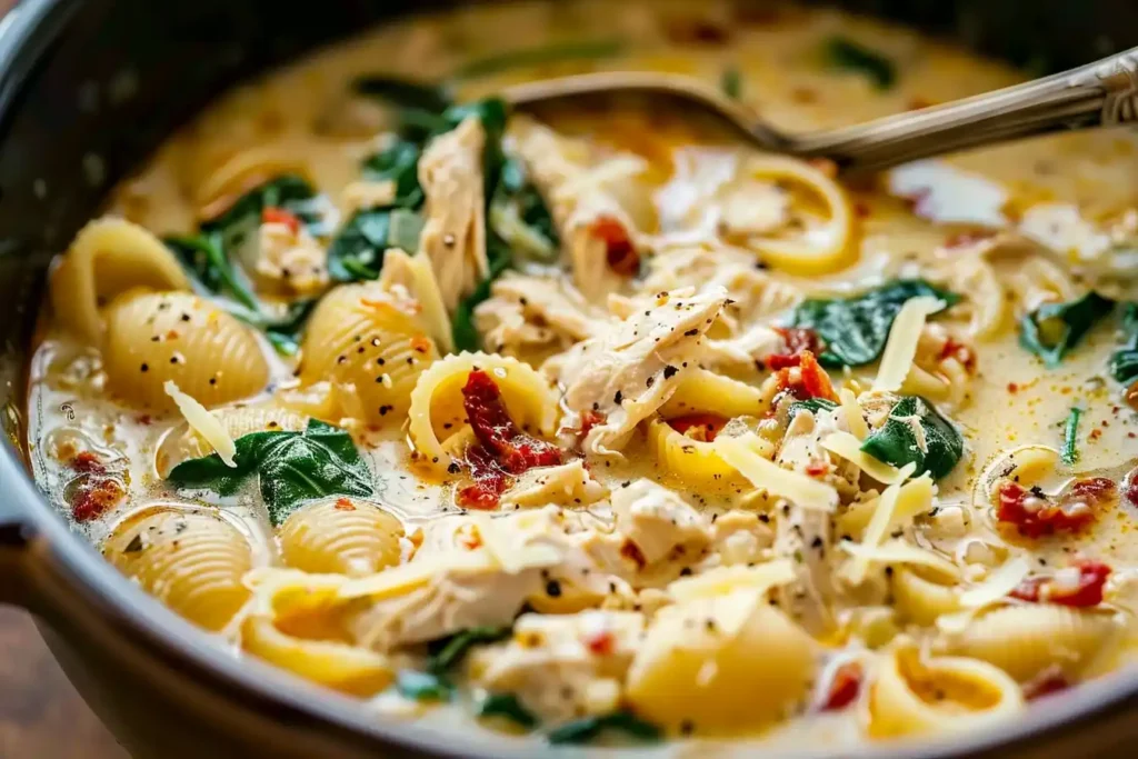 Creamy marry me chicken soup with spinach, sun-dried tomatoes, and tender chicken simmered in a rich parmesan broth.