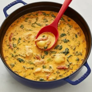 Creamy Marry Me Chicken Soup simmering in a Dutch oven with spinach, chicken, and sun-dried tomatoes, ladled with a red spoon.