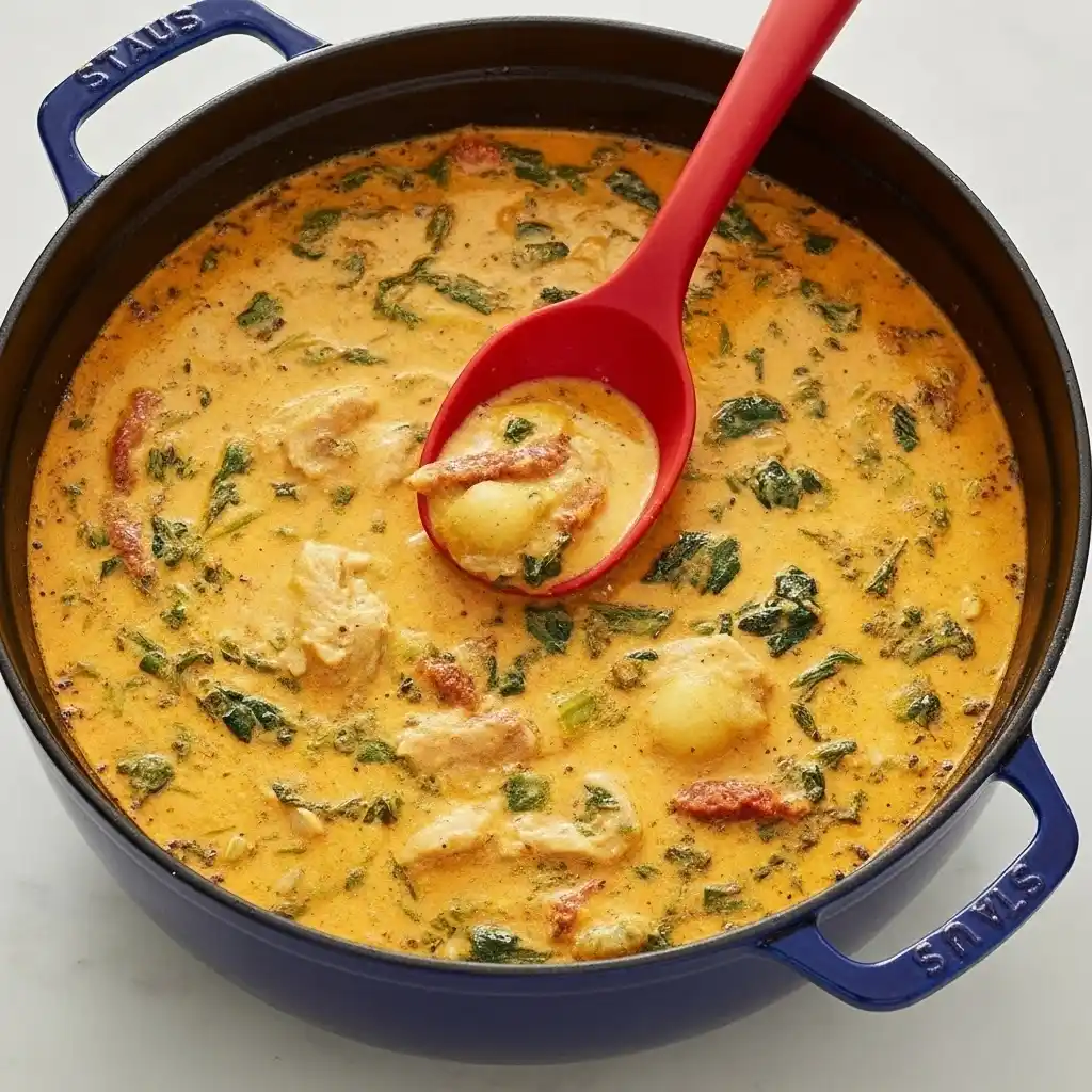 Creamy Marry Me Chicken Soup simmering in a Dutch oven with spinach, chicken, and sun-dried tomatoes, ladled with a red spoon.