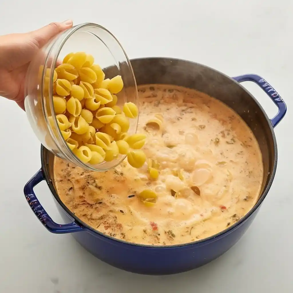 Pasta shells being added into a simmering pot of Marry Me Chicken Soup with creamy tomato broth.