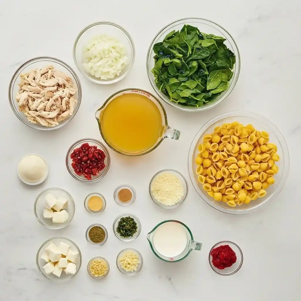 Fresh ingredients for Marry Me Chicken Soup including pasta shells, spinach, shredded chicken, broth, sun-dried tomatoes, onion, garlic, cream, and Parmesan laid out on a white surface.