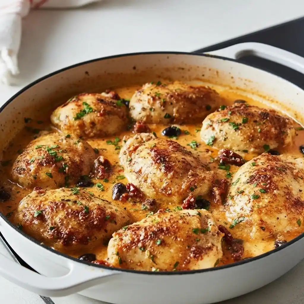 skillet of creamy marry me chicken thighs