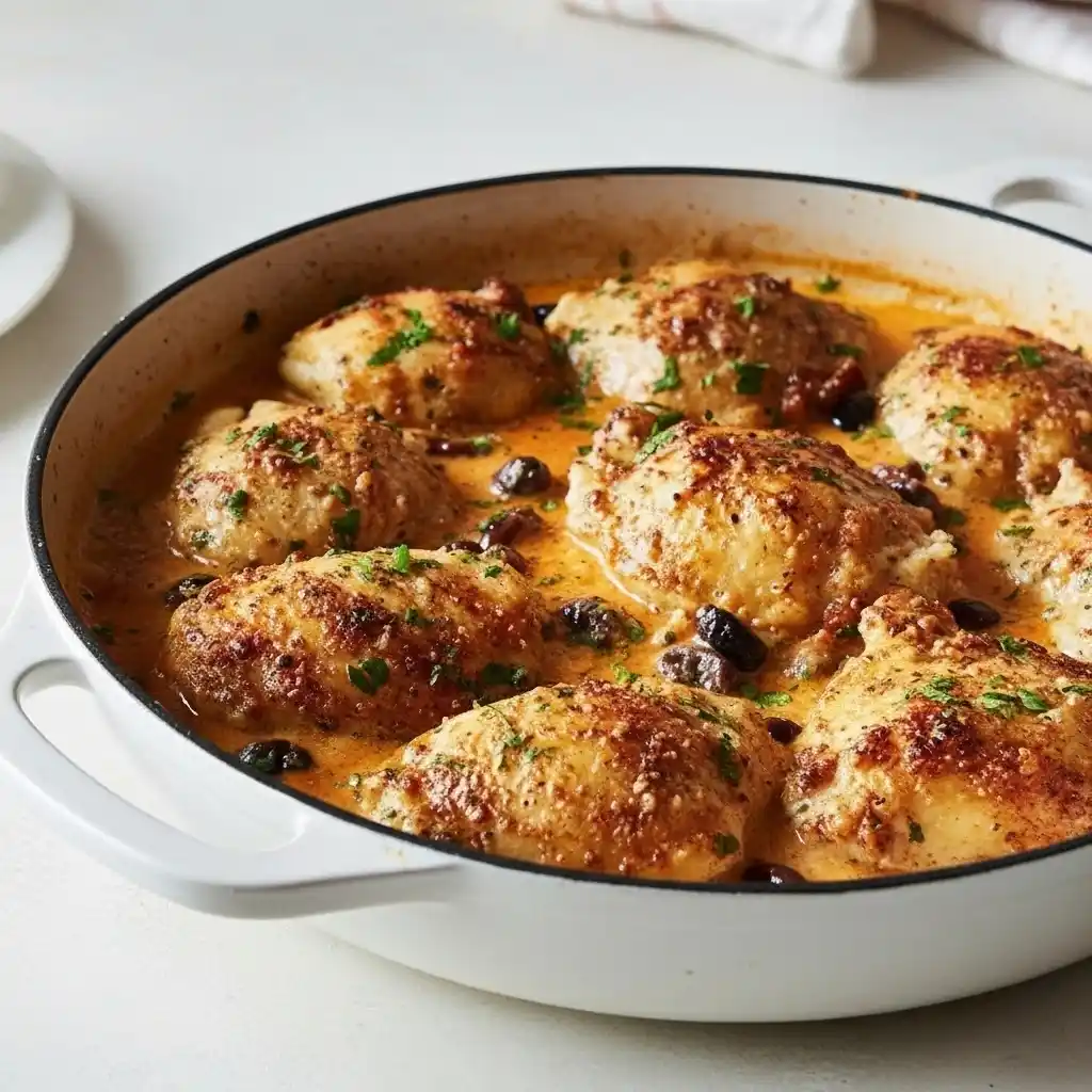 Golden brown chicken thighs simmered in creamy parmesan sun-dried tomato sauce, topped with fresh herbs.