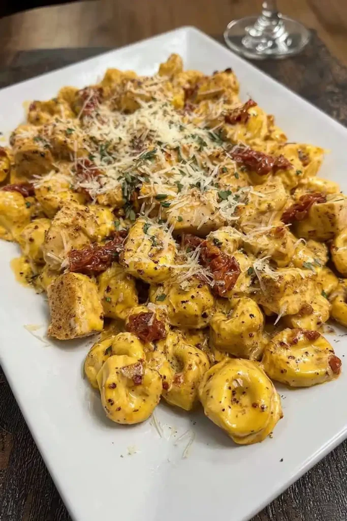 Marry Me Chicken Tortellini served on white platter