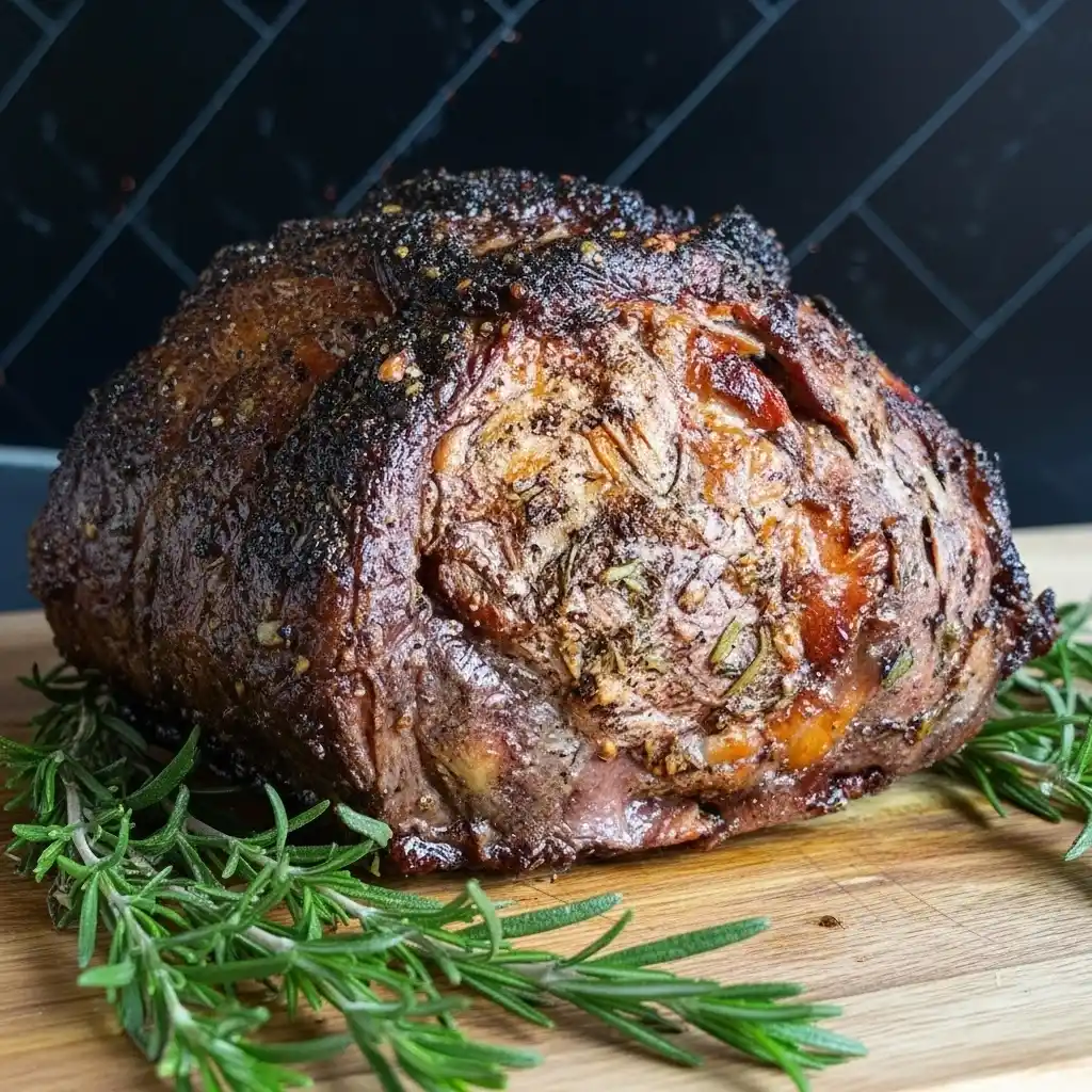 Perfectly roasted prime rib resting on a wooden board with sprigs of fresh rosemary.