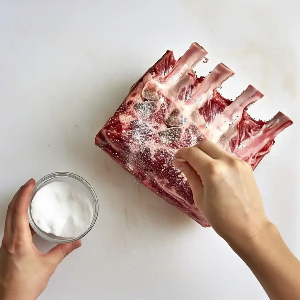 Hand sprinkling kosher salt over a raw bone-in prime rib roast on a white cutting board with a small bowl of salt.