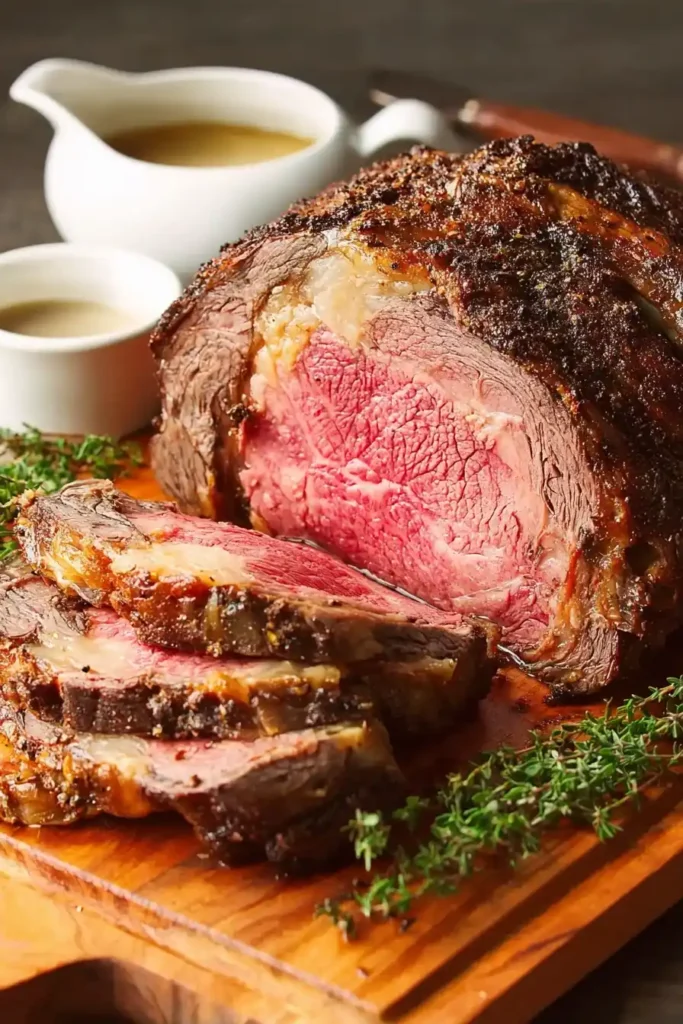 Close-up of sliced prime rib roast showing a tender pink center and seasoned crust, served with au jus in a small bowl.