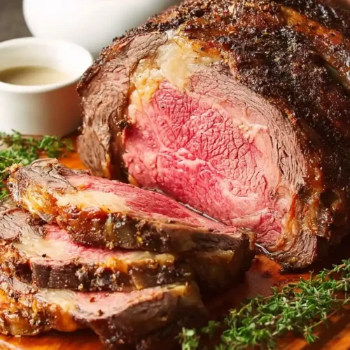 Sliced medium-rare prime rib roast on a wooden cutting board with sprigs of thyme and au jus gravy in the background.
